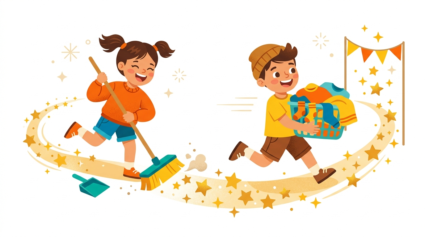 Happy family doing chores together with stars and trophies