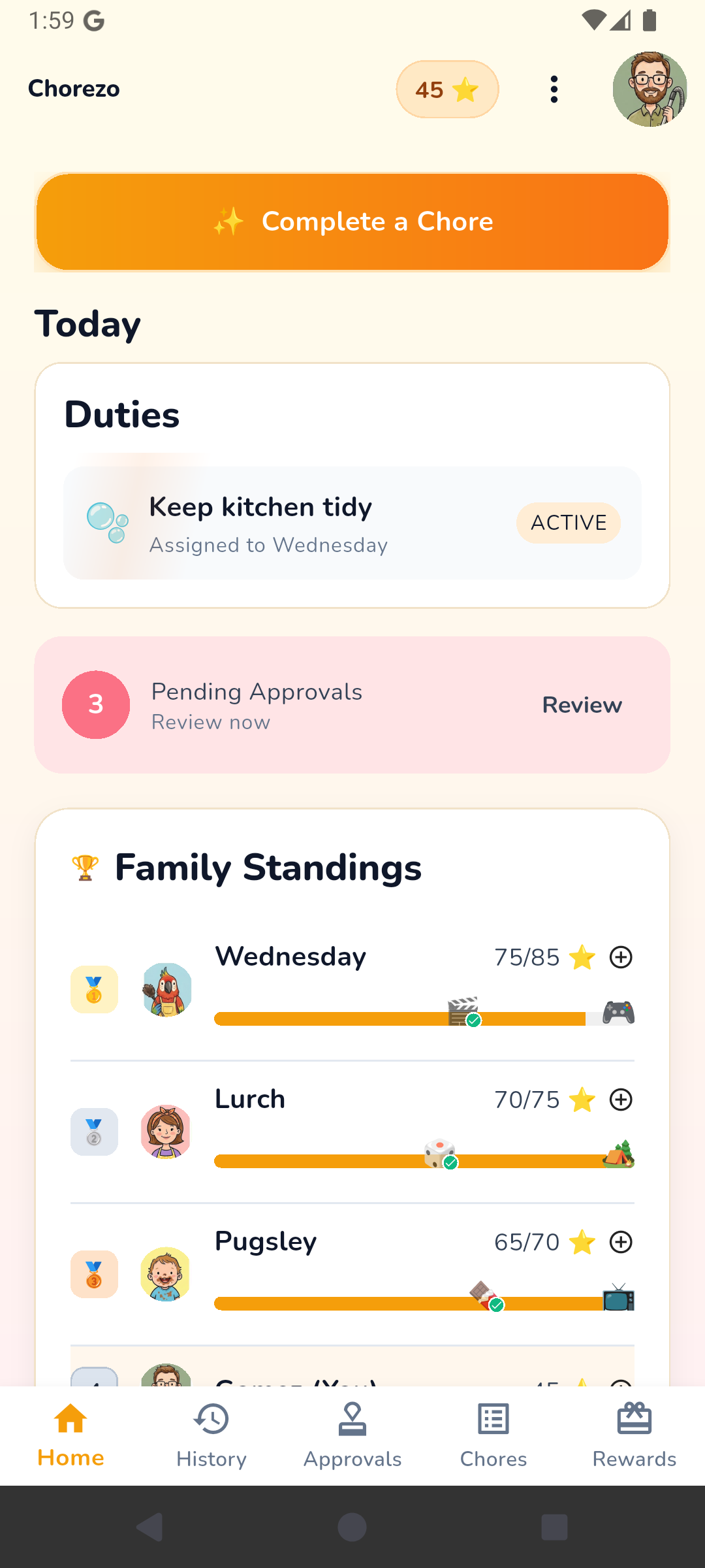 Family dashboard showing today's chores and family standings