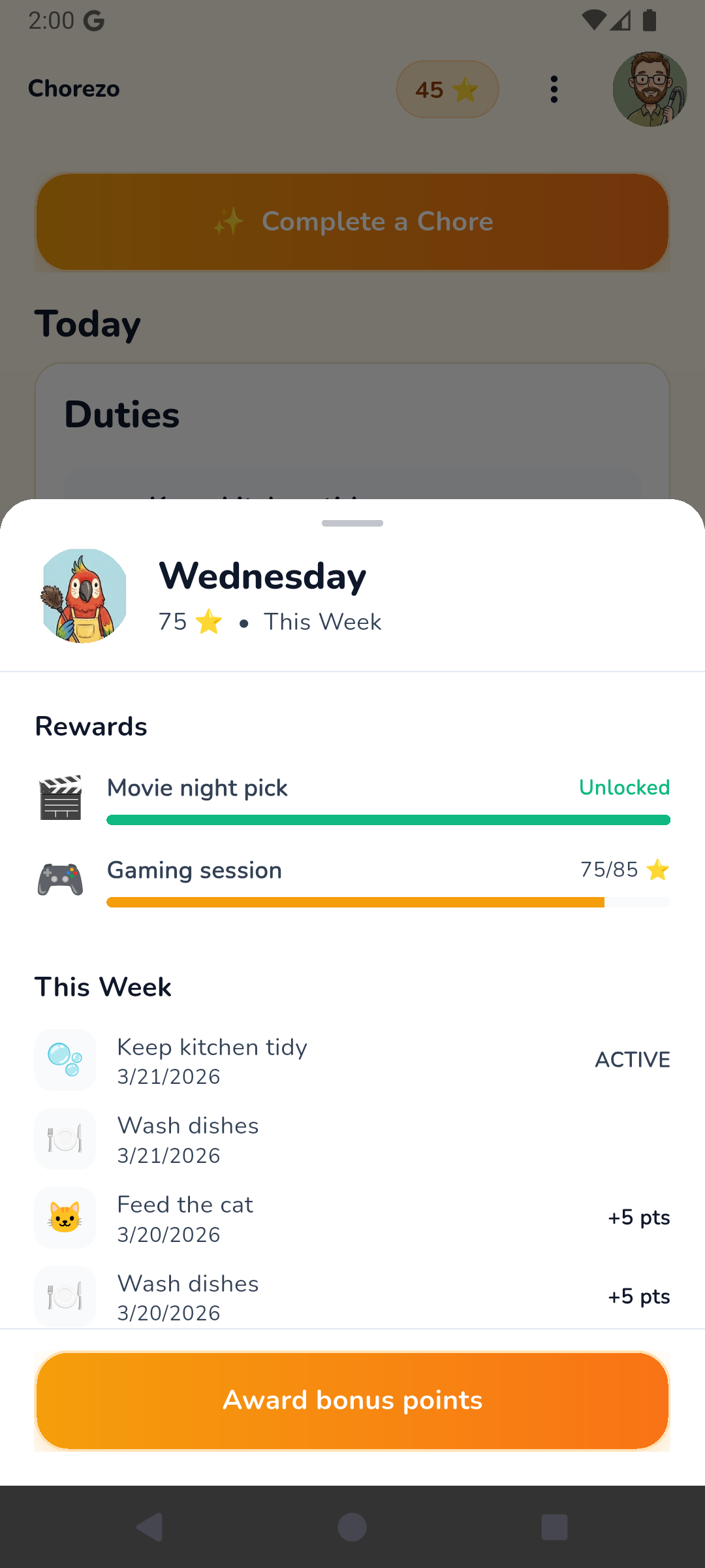 User detail showing rewards and weekly activity