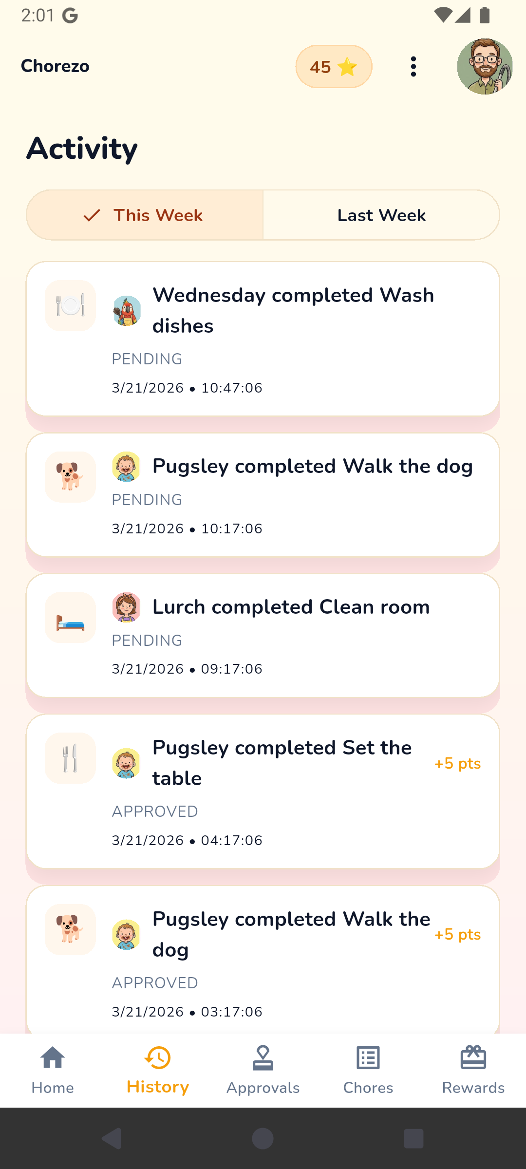 Weekly activity feed with completions and approvals